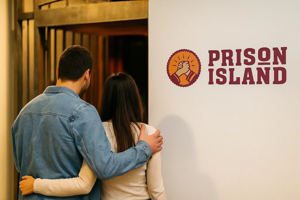 pareja entrando en prison island para realizar un escape room